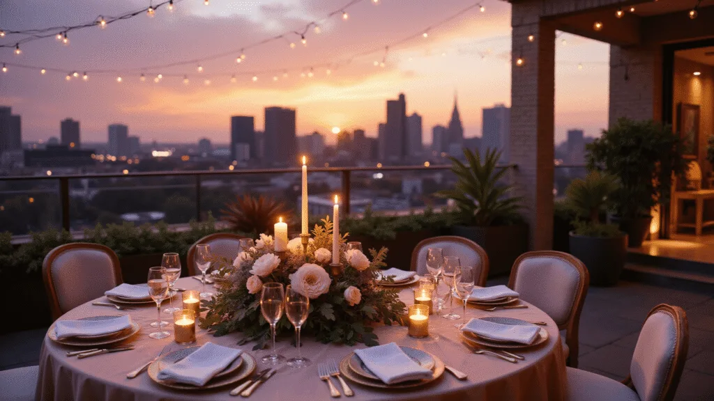 Anniversary Ideas: Unforgettable Ways to Celebrate Your Love A romantic rooftop anniversary dinner setting featuring a round table with blush silk linens, crystal champagne flutes, and a centerpiece of pale pink peonies, illuminated by fairy lights against a purple-orange sunset, with a string quartet and urban skyline in the background.