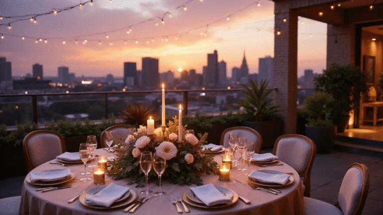Anniversary Ideas: Unforgettable Ways to Celebrate Your Love A romantic rooftop anniversary dinner setting featuring a round table with blush silk linens, crystal champagne flutes, and a centerpiece of pale pink peonies, illuminated by fairy lights against a purple-orange sunset, with a string quartet and urban skyline in the background.