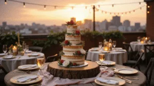 Delightful Anniversary Cakes: Your Ultimate Guide to Celebrating Love A romantic rooftop terrace at sunset featuring a three-tiered naked cake adorned with fresh berries and roses, with vintage champagne coupes and elegant table decor, framed by a city skyline.