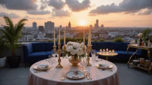 Heartfelt Happy Anniversary Wishes: The Ultimate Guide to Celebrating Love A luxurious rooftop terrace set for a romantic anniversary dinner at sunset, featuring a beautifully arranged dining table with blush pink silk, gold candelabras, white peony centerpieces, and crystal champagne flutes, against a backdrop of a city skyline and dramatic pink and gold clouds.