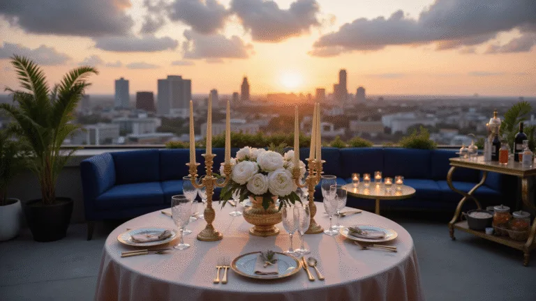 Heartfelt Happy Anniversary Wishes: The Ultimate Guide to Celebrating Love A luxurious rooftop terrace set for a romantic anniversary dinner at sunset, featuring a beautifully arranged dining table with blush pink silk, gold candelabras, white peony centerpieces, and crystal champagne flutes, against a backdrop of a city skyline and dramatic pink and gold clouds.