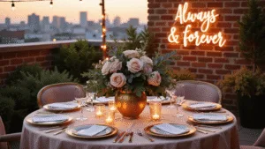 Anniversary Gift Ideas for Your Boyfriend: Unforgettable Presents He'll Actually Love A romantic rooftop anniversary setup at golden hour, featuring a round table with blush silk linens, a centerpiece of garden roses in a gold vase, warm string lights, flickering candles, elegant place settings, a glowing neon sign, and a soft-focused sunset city skyline in the background.