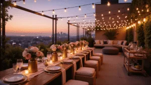 Unforgettable Dinner Party Menus: Your Ultimate Guide to Hosting Like a Pro A luxurious rooftop terrace dinner party at golden hour, featuring a long wooden table with blush pink silk runners, vintage crystal wine glasses, and antique brass vases filled with garden roses and peonies, surrounded by twinkling Edison bulbs and a soft-focus city skyline.