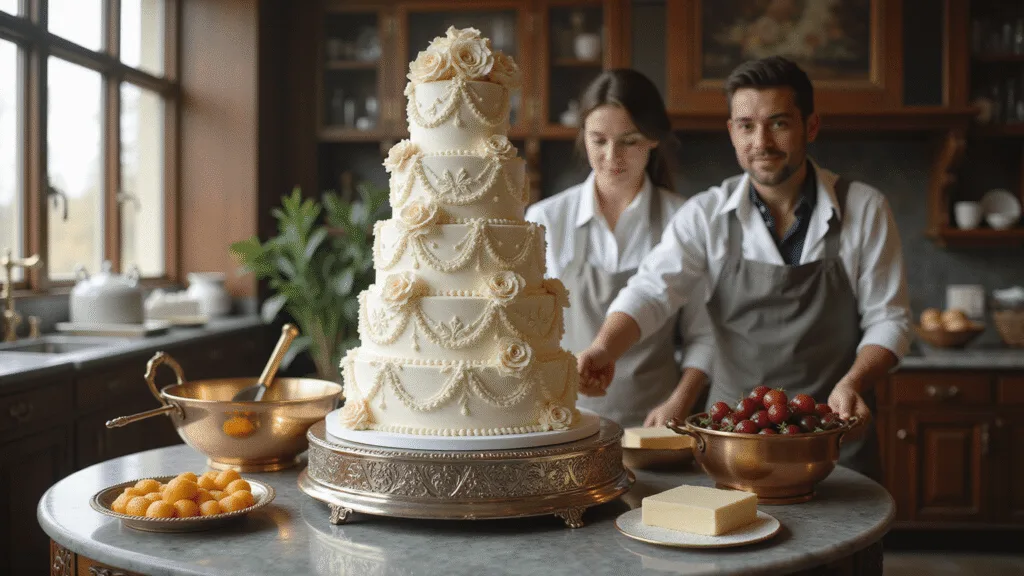 ROYAL WEDDING CAKE: A REGAL CULINARY MASTERPIECE Photorealistic image of a majestic six-tier royal wedding fruitcake in an ornate Victorian kitchen, adorned with intricate royal icing piping, cascading sugar flowers, and edible gold leaf accents; traditional baking ingredients and tools in the foreground, with decorators adding finishing touches in soft natural light.
