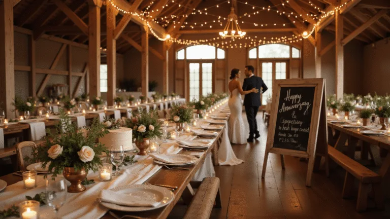 Heartfelt Wedding Anniversary Wishes: The Ultimate Guide to Celebrating Love A romantic anniversary celebration in a rustic barn with wooden beams and warm string lights, featuring long farmhouse tables with elegant floral arrangements, a chalkboard greeting, and couples dancing in soft focus amidst golden hour lighting.