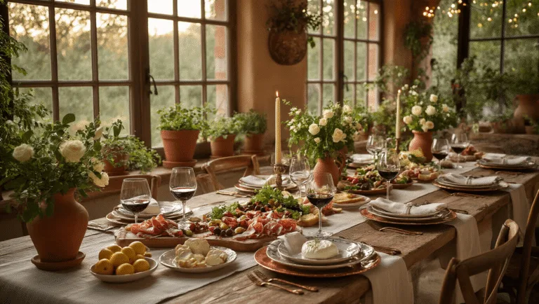 Crafting the Perfect Italian Dinner Party: A Comprehensive Guide Photorealistic wide-angle shot of a rustic Italian dinner party tablescape featuring a long wooden farmhouse table with a cream linen tablecloth, mismatched ceramic plates, copper chargers, crystal wine glasses with red wine, antipasti platters with burrata and prosciutto, terracotta pots with fresh herbs, intertwined olive branches and white roses, and twinkling string lights, all illuminated by golden hour lighting.