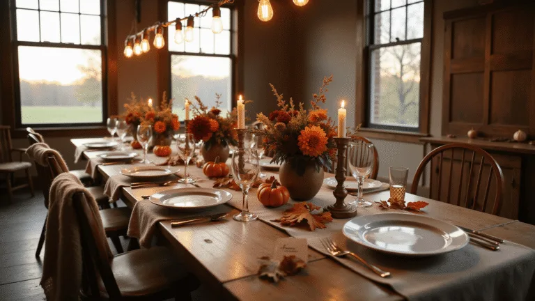 Friendsgiving Dinner Party Decor: Your Ultimate Guide to Creating a Cozy Celebration A rustic farmhouse dining setup for Friendsgiving, featuring a reclaimed wood table adorned with vintage china, linen napkins, and a centerpiece of brass candlesticks and floral arrangements, all under warm golden hour lighting and draped Edison bulbs.