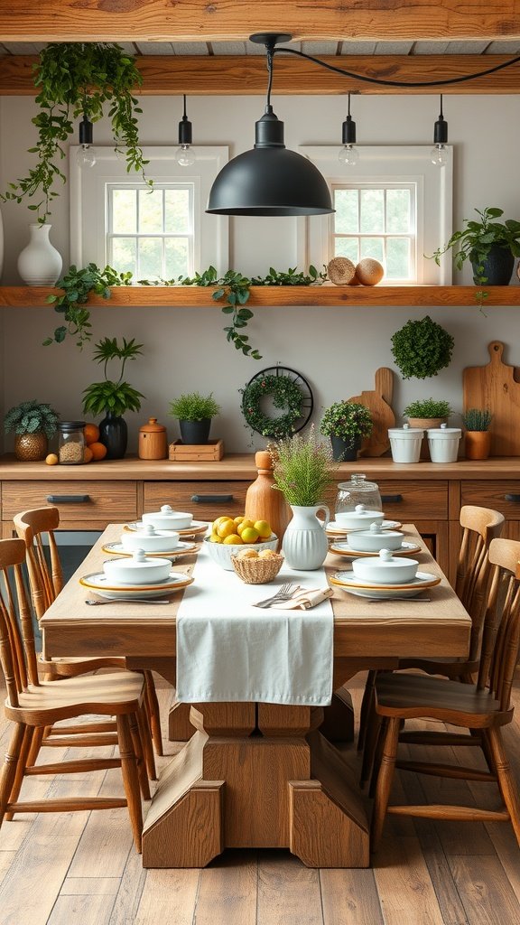 35 Beautiful Farmhouse Kitchen Table Setting Ideas A rustic farmhouse kitchen table setting with wooden elements, white dishware, and fresh lemons.