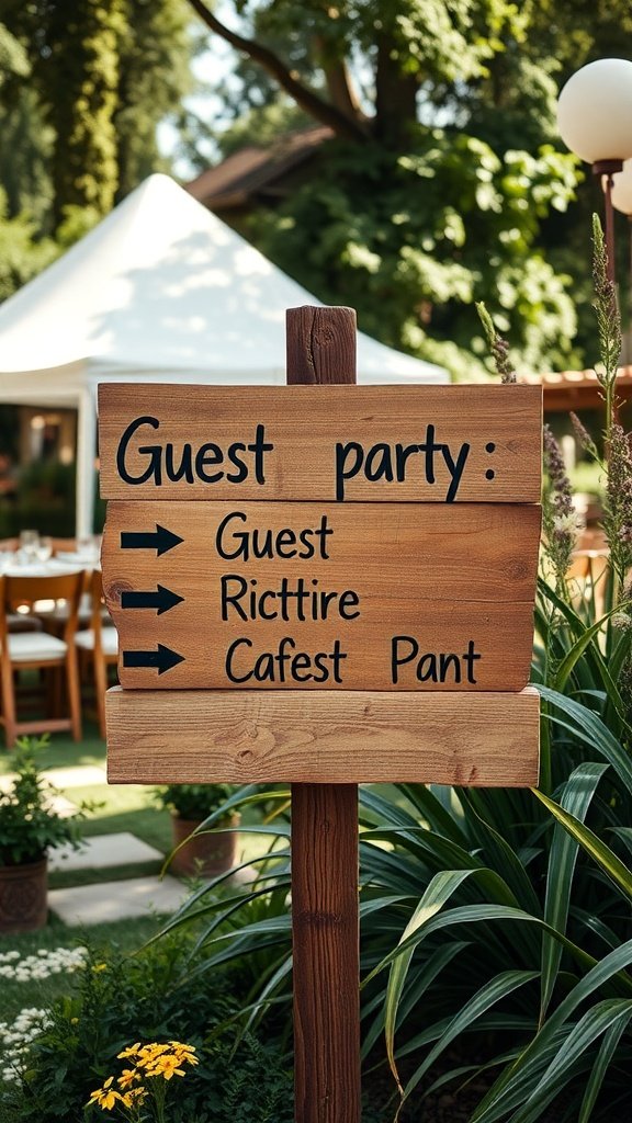 35 Stunning Garden Party Decorations to Inspire Your Celebration Rustic wooden sign directing guests at a garden party