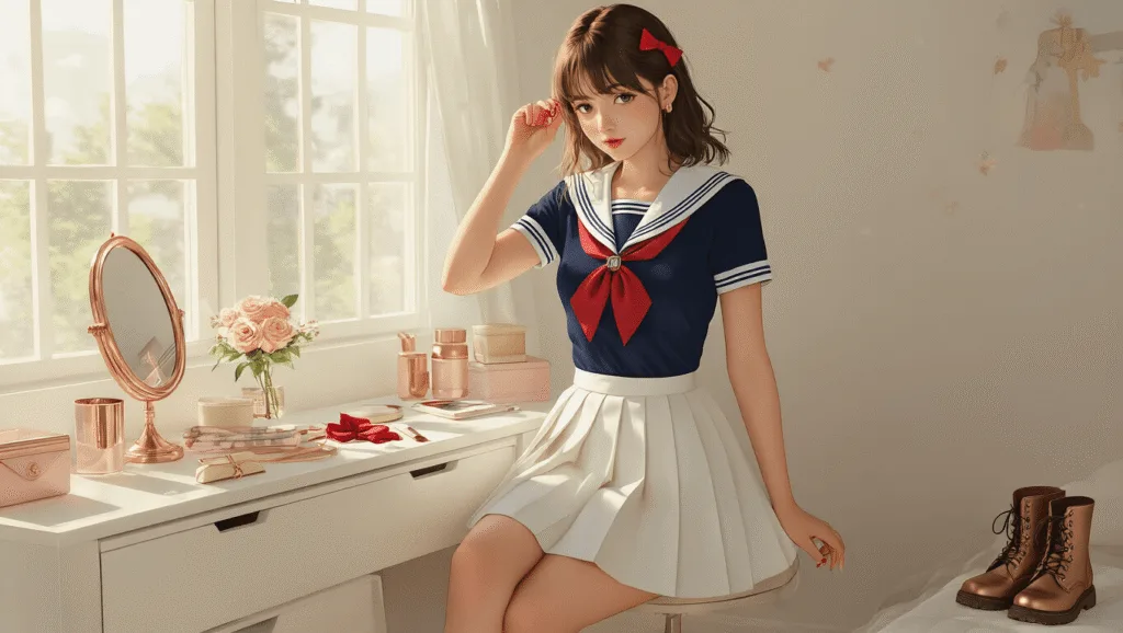 Anime Fashion: How to Rock Your Favorite Character's Style IRL A young woman styling her hair at a vanity in a sunlit minimalist bedroom, wearing a white pleated mini skirt and navy fitted top with sailor collar details, with rose gold accessories and a red bow hairpin on the organized surface, and soft leather combat boots nearby.