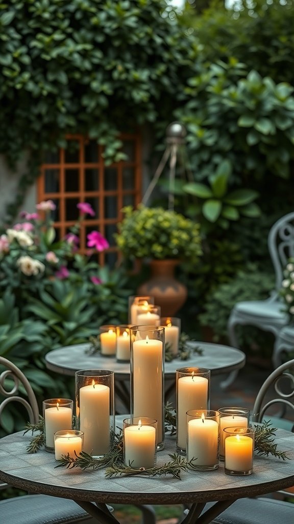 35 Stunning Garden Party Decorations to Inspire Your Celebration A beautiful garden setting with various scented candles arranged on tables, surrounded by lush greenery.
