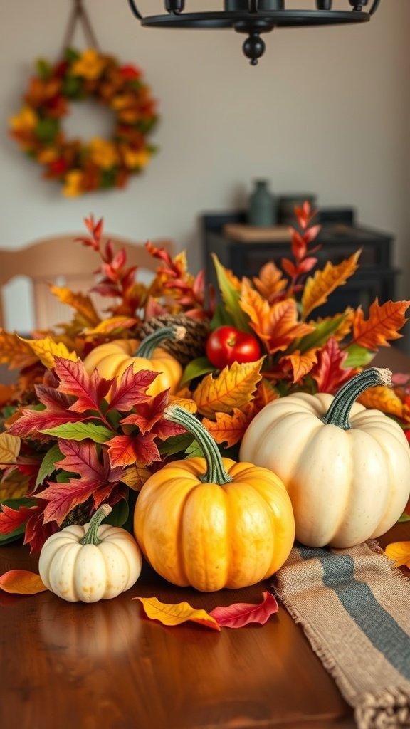 35 Beautiful Farmhouse Kitchen Table Setting Ideas A seasonal centerpiece featuring pumpkins and autumn leaves on a farmhouse kitchen table.
