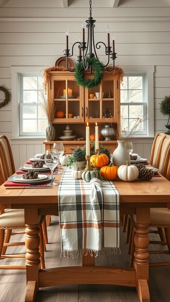 35 Beautiful Farmhouse Kitchen Table Setting Ideas A rustic farmhouse kitchen table set for autumn with pumpkins, pinecones, and candles.
