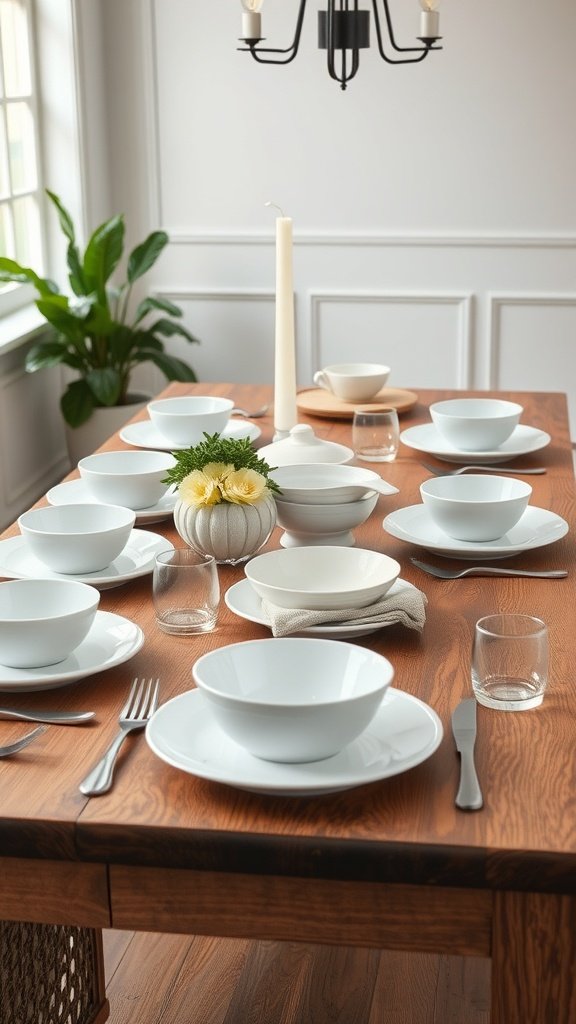 35 Beautiful Farmhouse Kitchen Table Setting Ideas A farmhouse kitchen table set with white dishes, a candle, and a small floral arrangement.