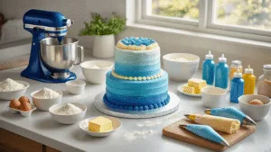 Sonic Birthday Cake: The Ultimate Gamer's Celebration Dessert Photorealistic overhead view of a modern baking setup featuring a metallic KitchenAid mixer, white mixing bowls, vibrant ingredients, and a partially decorated two-tier cake with blue ombré buttercream, surrounded by Sonic-themed fondant cutouts and professional baking tools.