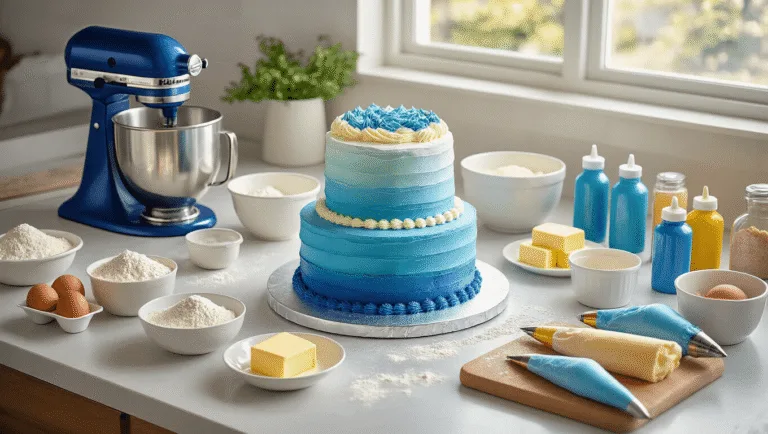 Sonic Birthday Cake: The Ultimate Gamer's Celebration Dessert Photorealistic overhead view of a modern baking setup featuring a metallic KitchenAid mixer, white mixing bowls, vibrant ingredients, and a partially decorated two-tier cake with blue ombré buttercream, surrounded by Sonic-themed fondant cutouts and professional baking tools.