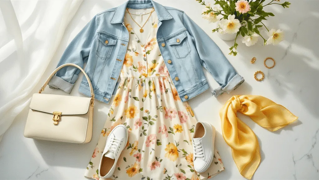 Spring Fashion That Actually Works: Your Guide to Killer Outfits Bright flat lay of spring fashion essentials including a light wash denim jacket, floral midi dress, white leather sneakers, gold jewelry, structured cream bag, and fresh flowers, all set on white marble under soft morning light.