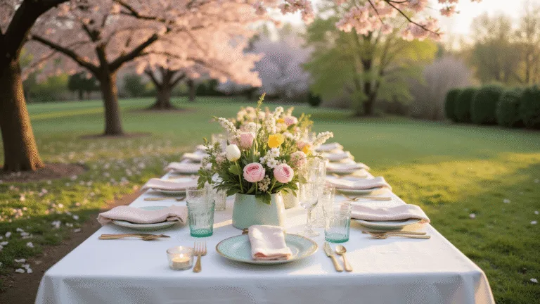 Crafting the Perfect Spring Dinner Party: A Comprehensive Guide Photorealistic outdoor spring dinner party setup at golden hour, featuring a long farmhouse table under cherry trees, adorned with white linen, pastel china, and floral centerpieces, illuminated by string lights.