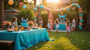 Stitch Birthday Party Ideas: Create an Unforgettable Ohana Celebration! A vibrant backyard Stitch-themed birthday party during golden hour, featuring a picnic table with an ombre blue tablecloth, tropical decorations, a blue ombre cake, children playing games, and festive lighting with paper lanterns.
