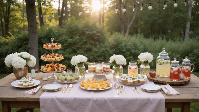 Summer Baby Shower Food: Fresh, Delicious Bites That'll Make Guests Swoon A luxurious summer garden baby shower setup featuring a rustic table with a blush pink linen runner, vibrant fruit skewers, cucumber-feta bites, pastel cupcakes, a drinks station, floral centerpieces, and decorative lighting, all captured in soft golden hour light.