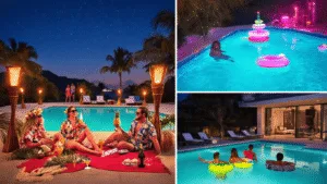 9 Epic Pool Party Themes That Will Make a Splash This Summer A vibrant compilation of four distinct pool party scenes: a tropical luau at golden hour, a nighttime neon party, a glamorous rooftop infinity pool, and a cozy twilight movie screening by the pool, all captured in ultra-detailed, photorealistic quality.