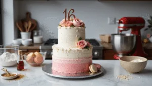 Epic 16th Birthday Cake: The Ultimate Celebration Centerpiece A photorealistic three-tiered Sweet 16 birthday cake decorated with ombré pastel pink-to-white frosting, gold leaf accents, and garden roses, set on a marble countertop with baking ingredients and a blurred professional kitchen background.