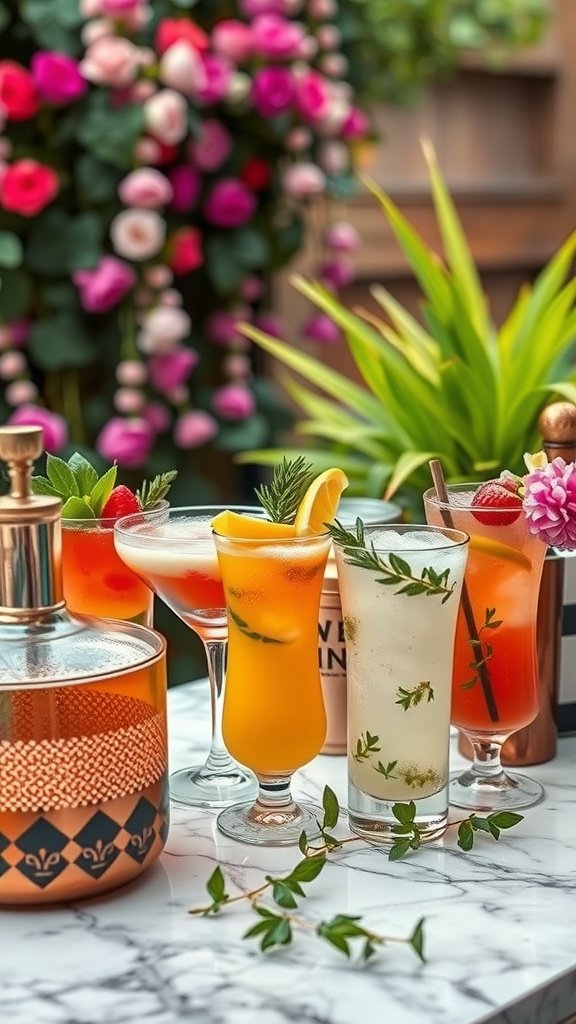 35 Stunning Garden Party Decorations to Inspire Your Celebration Colorful cocktails displayed on a table with fresh garnishes and flowers in the background.