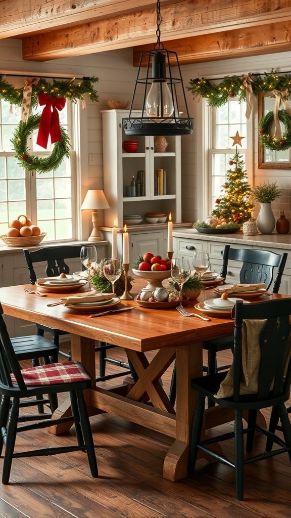 35 Beautiful Farmhouse Kitchen Table Setting Ideas A beautifully set farmhouse kitchen table for the holidays, featuring a wooden table, black chairs, candles, and festive decorations.