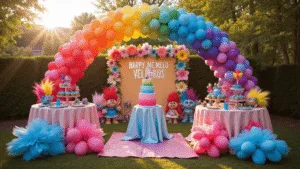 Ultimate Guide to Throwing an Epic Trolls Birthday Party: A Colorful Celebration of Joy! A vibrant backyard decorated for a Trolls-themed birthday party, featuring a rainbow balloon arch, a 6-tier ombre cake, character-themed cupcakes, and DIY Troll hair centerpieces. A pastel flower wall and magical string lights enhance the atmosphere, with figurines and a "Welcome to Troll Village" sign completing the whimsical setup.