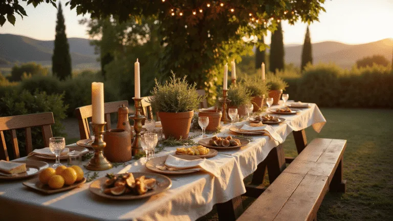 Crafting the Perfect Italian Dinner Party Aesthetic: A Feast for the Senses Cinematic wide-angle shot of a rustic Tuscan villa terrace at sunset, featuring a wooden table with vintage dishware, candlelight, and a seasonal centerpiece, surrounded by rolling hills and cypress trees.