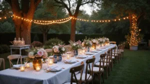 Crafting the Perfect Outdoor Dinner Party: A Comprehensive Guide to Styling and Photographing Memorable Gatherings Cinematic wide-angle shot of an enchanted garden dinner party at dusk, featuring a rustic farmhouse table set with vintage china, warm string lights, and lush floral arrangements in chinoiserie vases, illuminated by flickering lanterns and surrounded by mismatched pastel chairs.