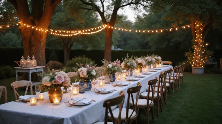 Crafting the Perfect Outdoor Dinner Party: A Comprehensive Guide to Styling and Photographing Memorable Gatherings Cinematic wide-angle shot of an enchanted garden dinner party at dusk, featuring a rustic farmhouse table set with vintage china, warm string lights, and lush floral arrangements in chinoiserie vases, illuminated by flickering lanterns and surrounded by mismatched pastel chairs.