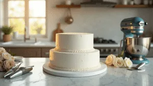 Two-Tier Wedding Cake: The Ultimate DIY Guide for Stunning Nuptial Desserts A bright kitchen workspace showcases a two-tier wedding cake in progress, featuring a smooth white buttercream bottom tier and a top tier being assembled. Sunlight highlights baking essentials and fresh roses, with a soft focus creating an ethereal atmosphere.