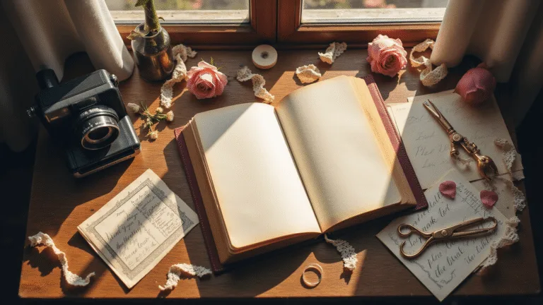 Anniversary Scrapbook: A Love Story Captured in Pages A rustic wooden workspace adorned with a leather-bound scrapbook, vintage photographs, dried roses, and ornate scissors, all bathed in warm natural light, creating a dreamy, nostalgic atmosphere.