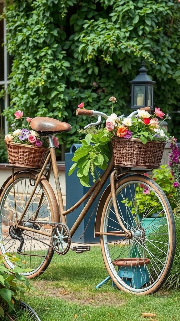 35 Stunning Garden Party Decorations to Inspire Your Celebration A vintage bicycle with flower baskets in a garden setting