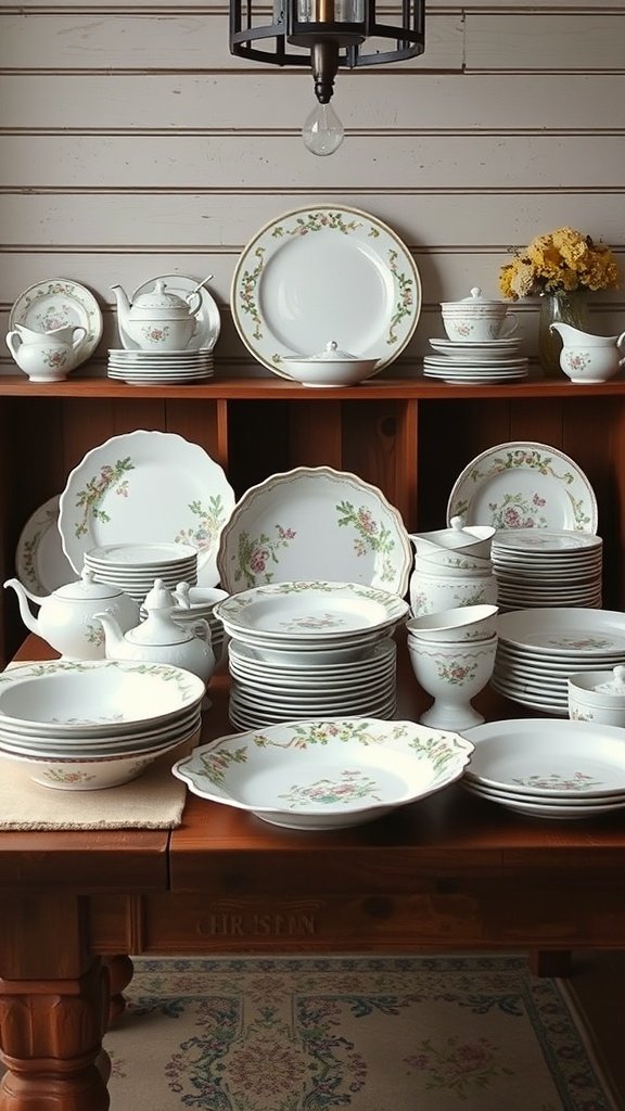 35 Beautiful Farmhouse Kitchen Table Setting Ideas A collection of vintage dishware displayed on a wooden table, featuring floral patterns and various sizes of plates, bowls, and teapots.