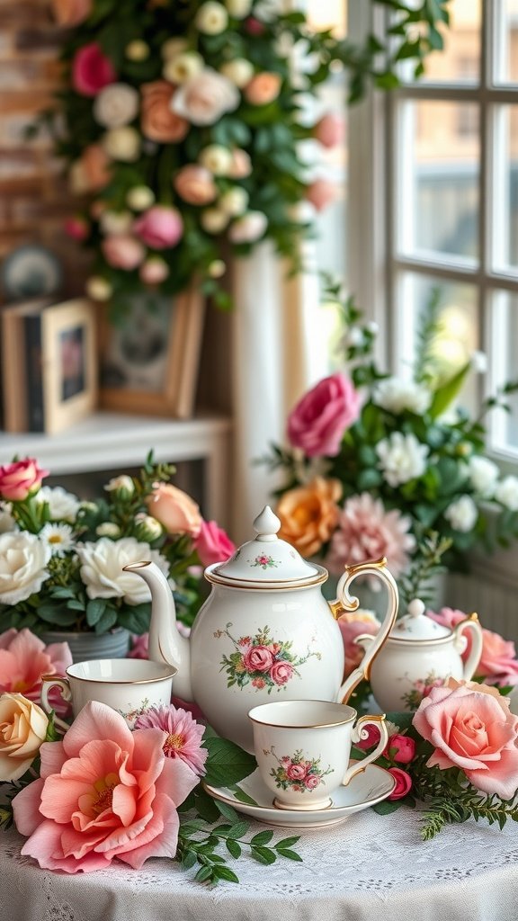 35 Stunning Garden Party Decorations to Inspire Your Celebration A vintage tea set displayed with fresh flowers on a table.