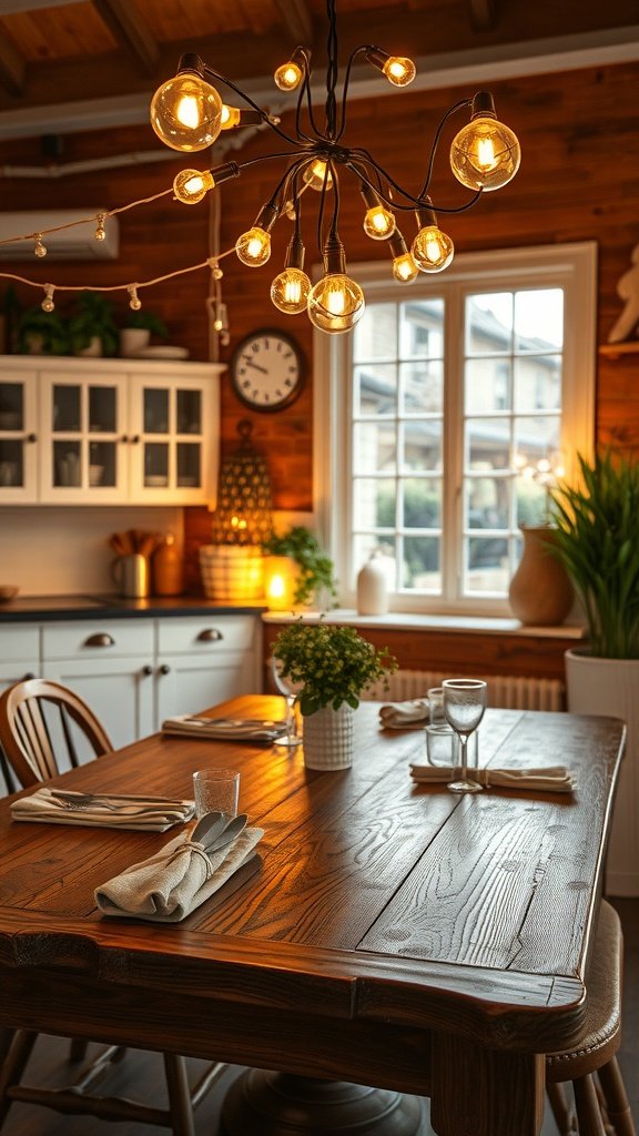 35 Beautiful Farmhouse Kitchen Table Setting Ideas A cozy farmhouse kitchen table setting illuminated by warm string lights, featuring a wooden table, cutlery, glasses, and a small potted plant.