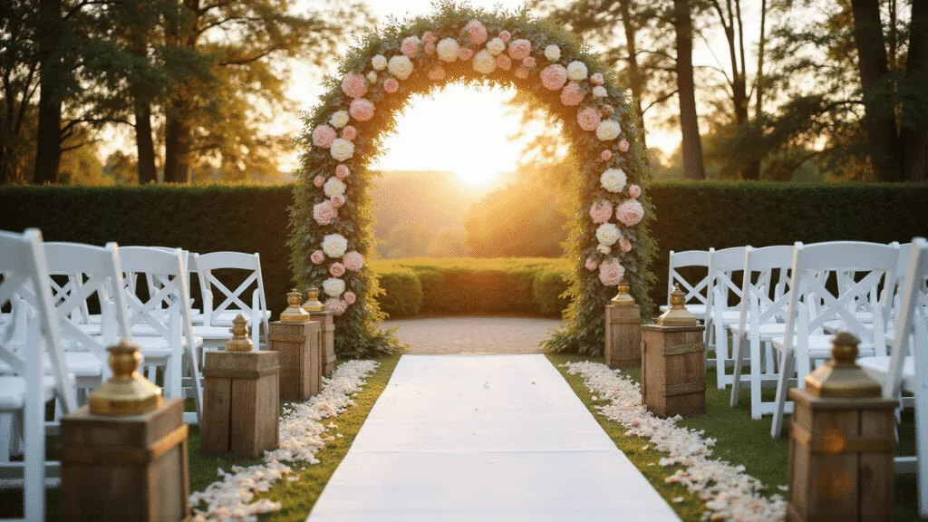 Crafting the Perfect Altar Flowers: A Comprehensive Guide to Stunning Wedding Ceremony Decor Cinematic wedding ceremony setup at golden hour with a grand floral arch of blush roses and cream peonies, white aisle runner with rose petals, wooden cross-back chairs, and vintage brass lanterns.