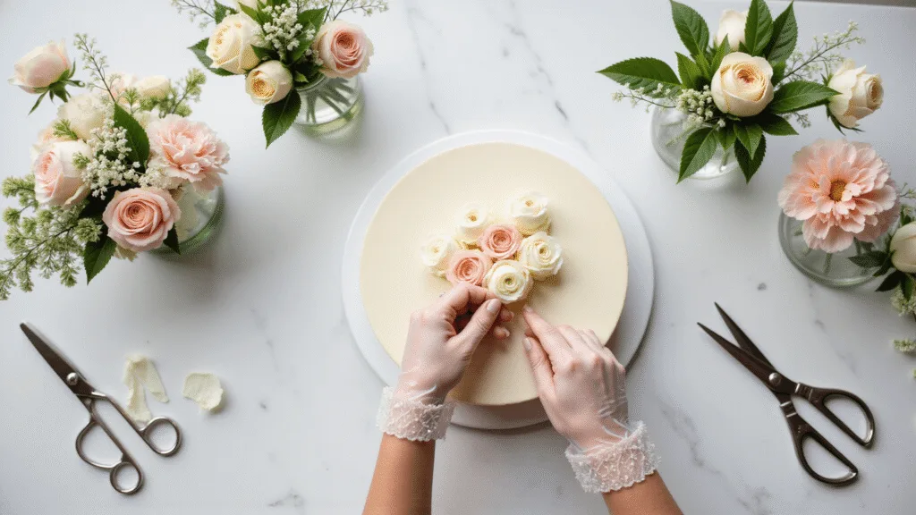 Wedding Cake Flowers: Stunning Botanical Cake Decorations A professional bakery workspace with a white marble countertop, featuring fresh garden roses, blush peonies, and cream ranunculus arranged in crystal-clear glass vases. Stainless steel floral scissors and food-safe floral picks are included as a manicured hand in translucent gloves delicately trims rose stems. The scene is illuminated by soft natural light, showcasing a shallow depth of field with a soft bokeh background and moisture droplets on flower petals, all in a minimalist composition with pastel color grading.