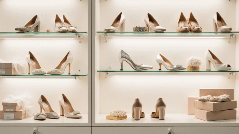 The Ultimate Guide to Wedding Shoes: Finding Your Perfect Pair Elegant display of luxury wedding shoes on illuminated glass shelves, featuring crystal-embellished pumps, pearl-adorned flats, and metallic block heels against a soft cream backdrop with professional studio lighting.