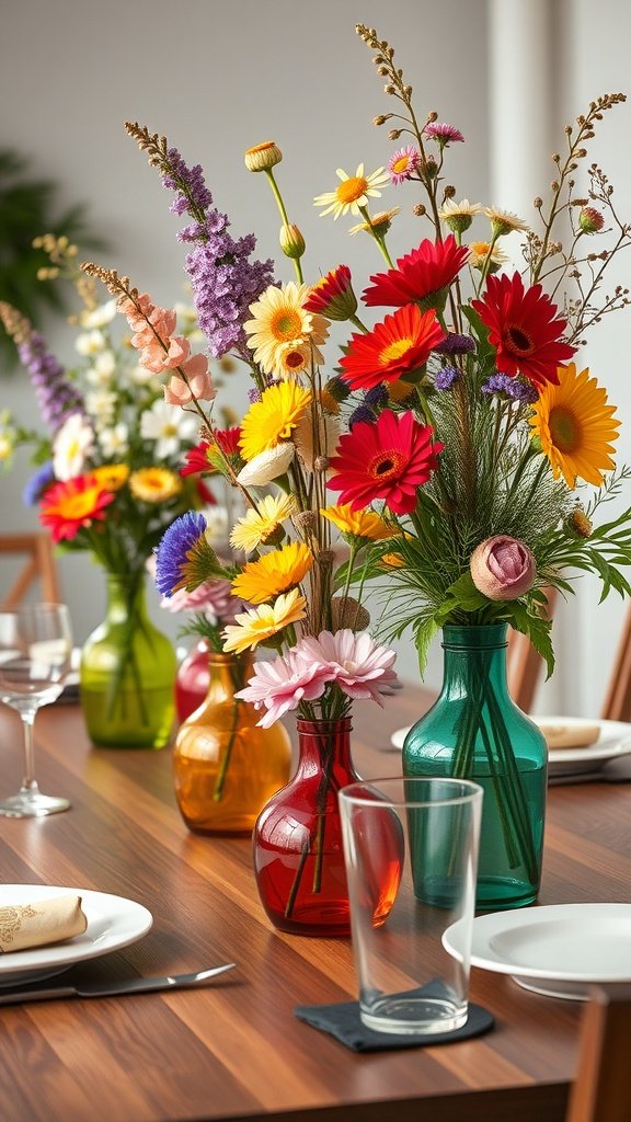 35 Stunning Garden Party Decorations to Inspire Your Celebration Colorful floral centerpieces in vases on a wooden table for a garden party.