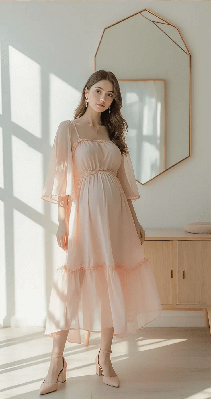 What to Wear to a Gender Reveal Party: A No-Stress Style Guide A bright, minimalist home interior featuring white walls and wooden accents, showcasing a person in a blush pink babydoll dress with ruffle details and sheer sleeves, complemented by nude block heel pumps and rose gold jewelry, captured in natural light with soft shadows and a geometric mirror in the background.
