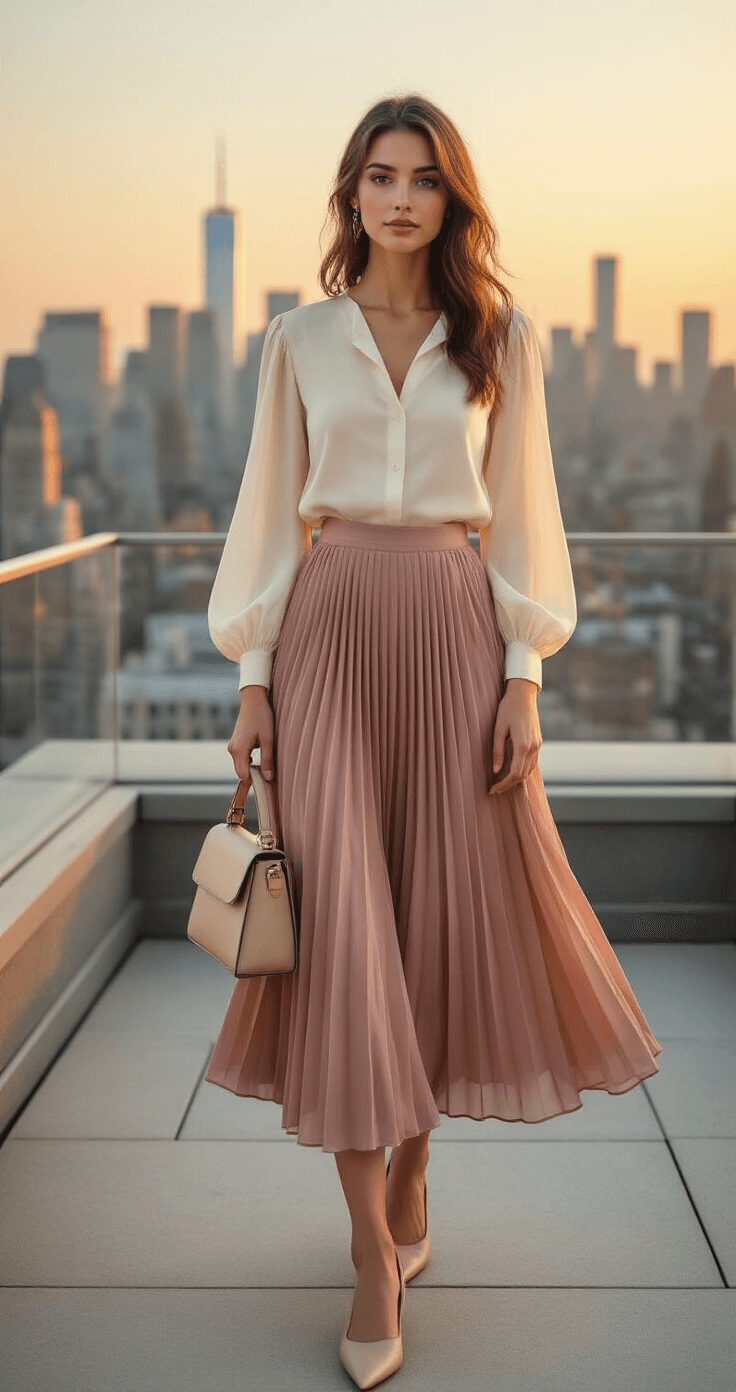 What to Wear to a Gender Reveal Party: A No-Stress Style Guide Model on a modern rooftop terrace at magic hour, wearing a cream blouse with balloon sleeves and a dusty rose pleated midi skirt, complemented by neutral pointed-toe flats and a small structured leather shoulder bag, with a city skyline in warm sunset lighting visible in the background.