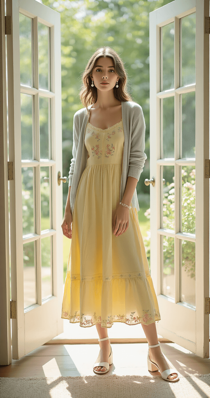 What to Wear to a Gender Reveal Party: A No-Stress Style Guide A sunlit master bedroom features French doors revealing a lush garden. A woman in a pastel yellow A-line dress with floral embroidery, cap sleeves, and white low-heeled sandals, dons a light grey cardigan draped over her shoulders. She accessorizes with pearl drop earrings and a delicate charm bracelet, basking in the morning light that floods the room.