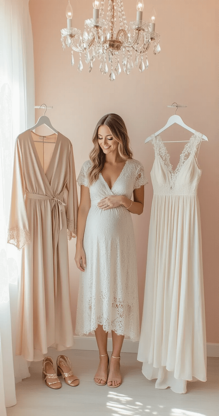 The Ultimate Guide to Picking the Perfect Gender Reveal Outfit (That Actually Feels Like You) A bright boutique dressing room with blush pink walls features a mother-to-be reviewing three gender reveal dress options: champagne silk wrap dress, ivory lace midi dress, and pearl white bohemian maxi dress, surrounded by rose gold sandals and delicate jewelry, with natural light illuminating the scene.