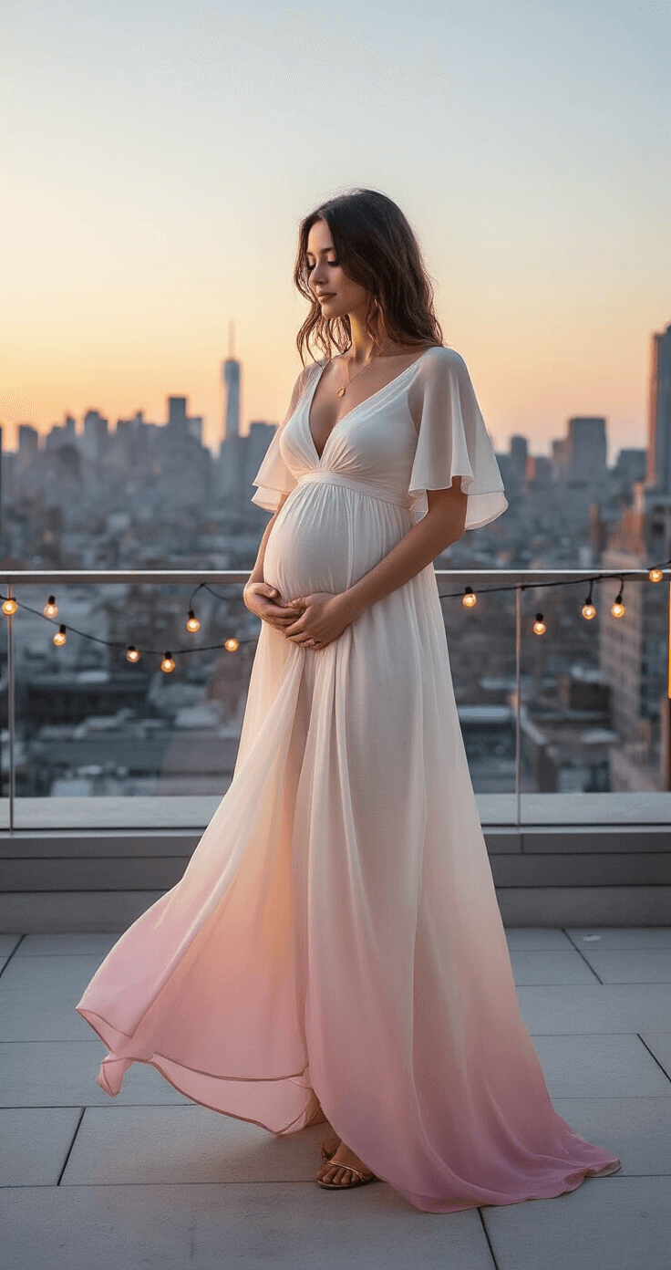 The Ultimate Guide to Picking the Perfect Gender Reveal Outfit (That Actually Feels Like You) A pregnant woman in a flowing ombré dress stands on a modern rooftop terrace at twilight, with a city skyline in the background. The dress transitions from ivory to pale pink and features flutter sleeves and a shimmering fabric. She wears minimalist gold jewelry and strappy sandals, while string lights twinkle around her. The image is captured with a wide-angle lens to include the urban environment.