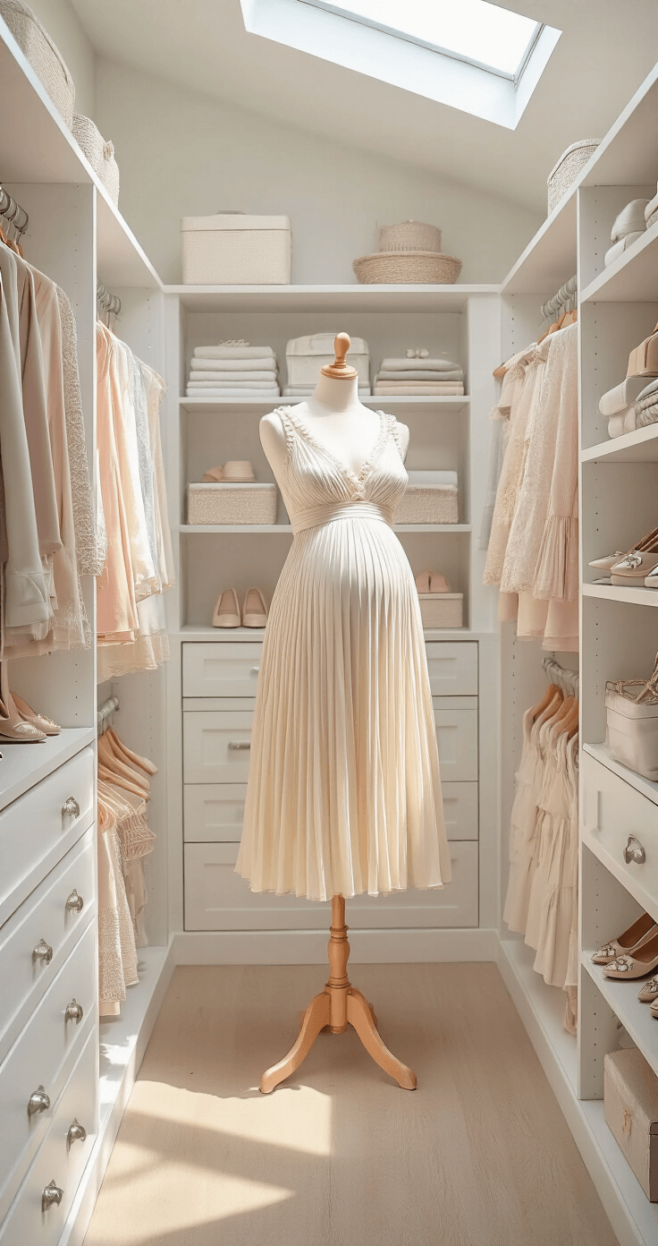 The Ultimate Guide to Picking the Perfect Gender Reveal Outfit (That Actually Feels Like You) A sunlit walk-in closet featuring custom white shelving displaying a variety of gender reveal outfits. A central mannequin showcases a cream midi dress with pleats and pearl buttons, surrounded by designer maternity wear in soft pastels, neutral accessories, and metallic flats, all arranged in stylish vignettes. Morning light filters through skylights, highlighting the organized symmetry of the space.