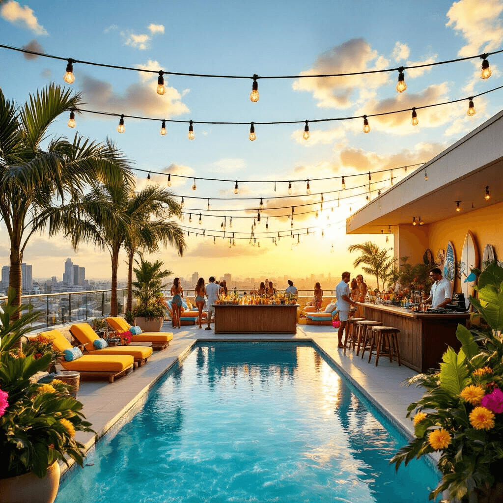 Ultimate Guide to Creating the Perfect Pool Party Flyer: Make a Splash with Your Design! A vibrant rooftop terrace transformed into a tropical paradise for a pool party, featuring a sleek infinity pool, colorful lounge chairs, potted palms, a tiki bar with fresh flowers, and a DJ booth, all bathed in golden hour light with panoramic city views in the background.