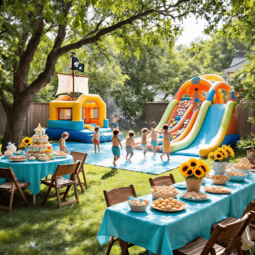Ultimate Guide to Creating the Perfect Pool Party Flyer: Make a Splash with Your Design! A vibrant backyard scene for a children's birthday party featuring a pirate ship bounce house, a DIY water slide, tables with turquoise linens and sand bucket centerpieces, and kids joyfully playing in sprinklers and tossing water balloons under dappled sunlight.